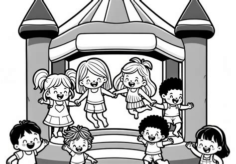 Ilustrácia detí hrajúcich sa na nafukovacom hrade v Farbičkách
