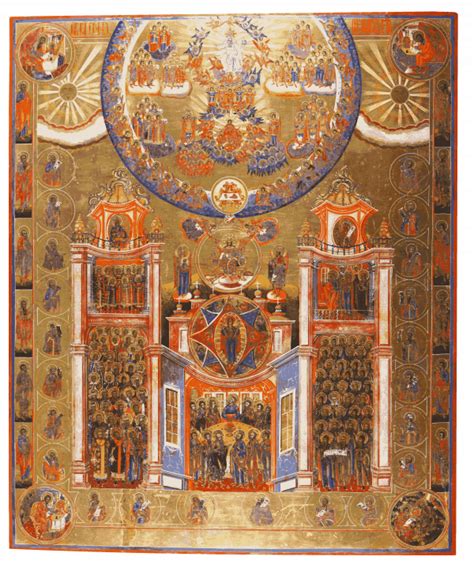 Ilustrácia ikony Božej Múdrosti (Sofia) s detailným popisom jej symbolov, ako sú sedem stĺpov, osemuholníková svätožiara a okolité postavy.