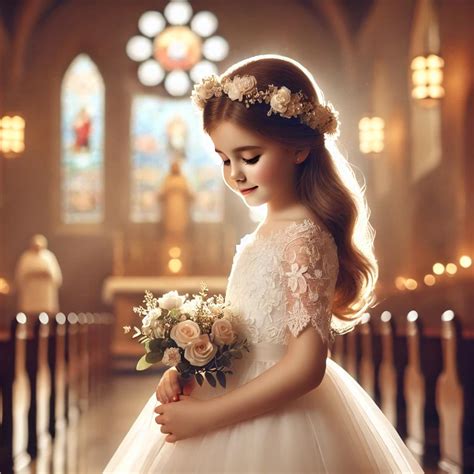 Dieťa prijímajúce prvé sväté prijímanie, s liturgickými symbolmi ako hostia a kalich.