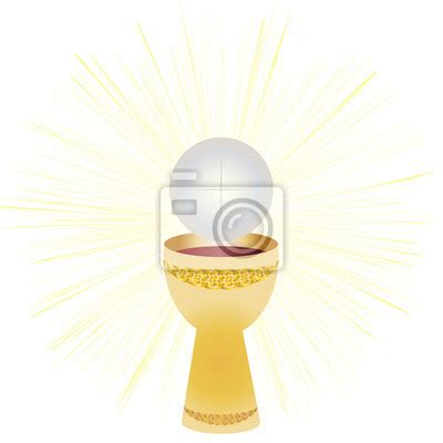 Ilustrácia zobrazujúca kalich a hostiu, symboly Eucharistie, obklopené lúčmi svetla.