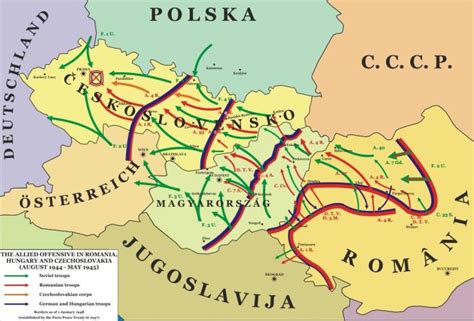 Mapa znázorňujúca postup oslobodzovacích vojsk na území Slovenska v rokoch 1944 - 1945