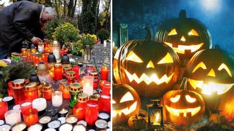 infografika znázorňujúca časovú os a rozdiely medzi Sviatkom všetkých svätých (1. 11.), Pamiatkou zosnulých (2. 11.) a Halloweenom (31. 10.)