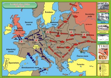 Mapa Európy počas druhej svetovej vojny s vyznačenými frontami