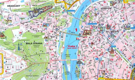 Mapa historického centra Prahy s vyznačenou Kráľovskou cestou a hlavnými pamiatkami