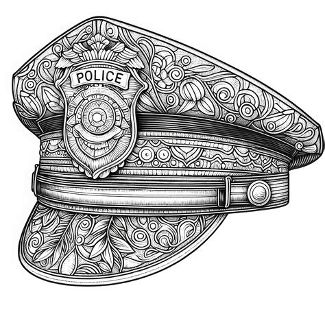 Ilustrácia detailov ručne vyrobenej policajnej čiapky (odznak, šilt)