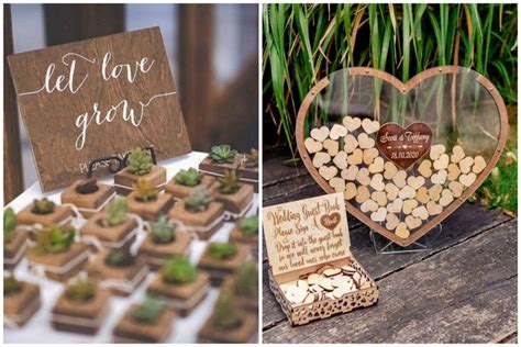 Drevené svadobné dekorácie a stôl uprostred lesa