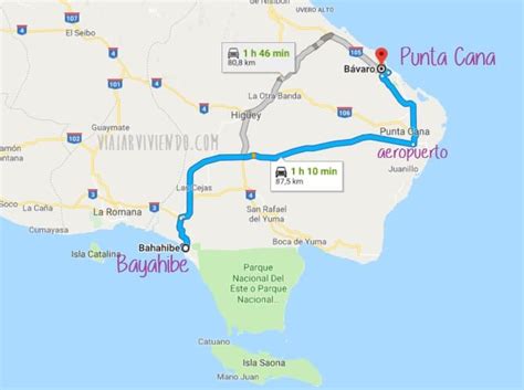 Mapa znázorňujúca polohu letovísk Punta Cana a Bayahibe na východnom pobreží Dominikánskej republiky.