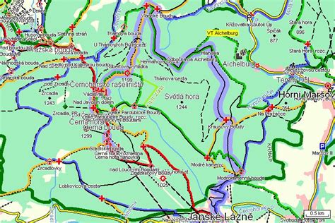 Mapa: Turistické trasy a hlavné atrakcie v okolí Krynica-Zdrój