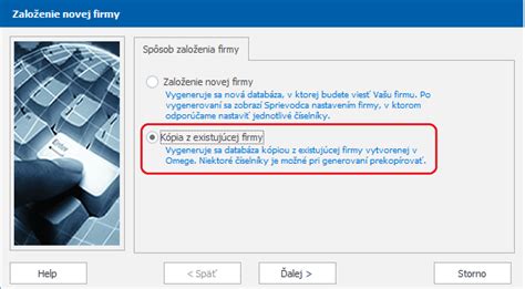 Okno pre vytvorenie novej firmy v OMEGA s možnosťou voľby založenia