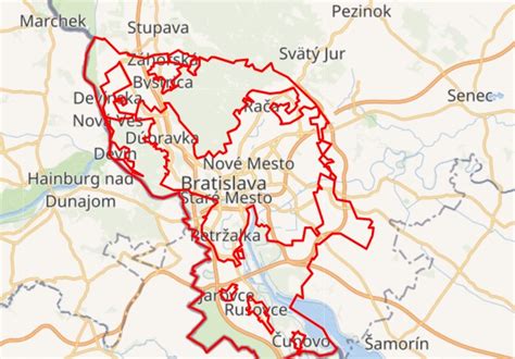 Mapa s vyznačenými svadobnými lokalitami v okolí Bratislavy