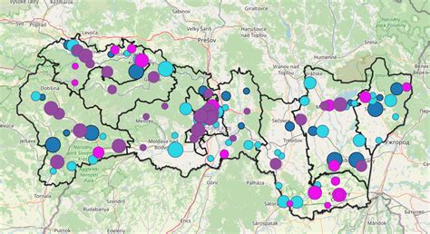 Mapa Košického kraja s vyznačenými rekreačnými oblasťami