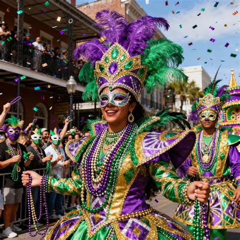 Farebný sprievod Mardi Gras v New Orleans s korálkami