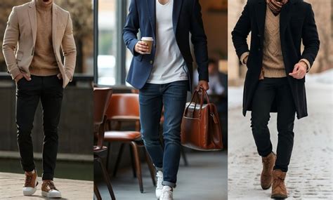 Ukážka smart casual outfitu pre mužov (tmavé nohavice/džínsy, sako/kardigán, košeľa/rolák)