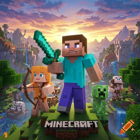 Infografika zobrazujúca hlavné postavy hry Minecraft (Steve, Alex, Creeper) v kockovanom grafickom štýle