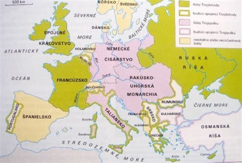 Mapa Európy počas prvej svetovej vojny s vyznačením Rakúsko-Uhorska.