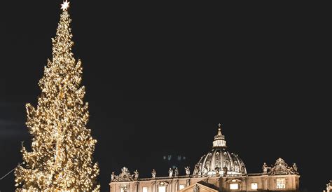 Vatikánsky vianočný stromček s betlehemom a osvetlením na Námestí svätého Petra.