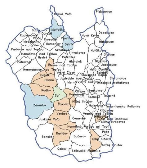 Mapa oblasti Hanušoviec nad Topľou s vyznačenými cirkevnými zbormi