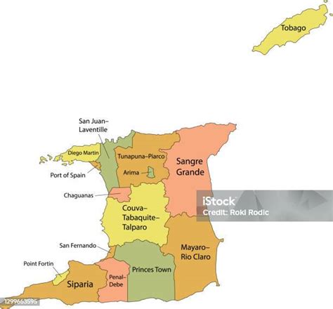 mapa Trinidadu a Tobaga s vyznačenými hlavnými mestami a geografickými prvkami