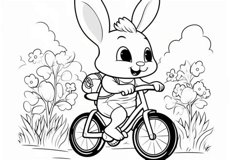 Tematické foto: Veľkonočný zajac na bicykli medzi kvetmi, omaľovánka