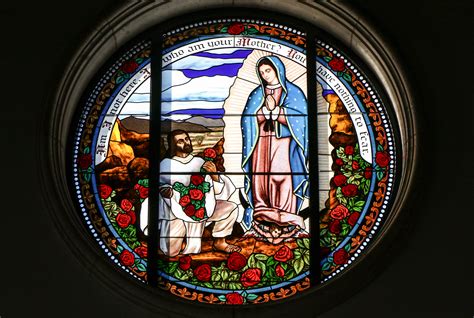 Detail obrazu Panny Márie Guadalupskej na tilme s vyznačenými symbolmi