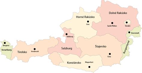 Mapa Rakúska s vyznačenými oblasťami s vysokou koncentráciou migrantov