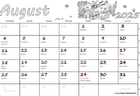 Ilustrácia slovenského kalendára s vyznačenými meninami a sviatkami