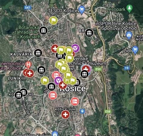 Mapa Košíc z 19. storočia s označenými opatrovňami
