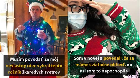 Tematická ilustrácia rôznych vianočných svetrov s tradičnými a humornými motívmi