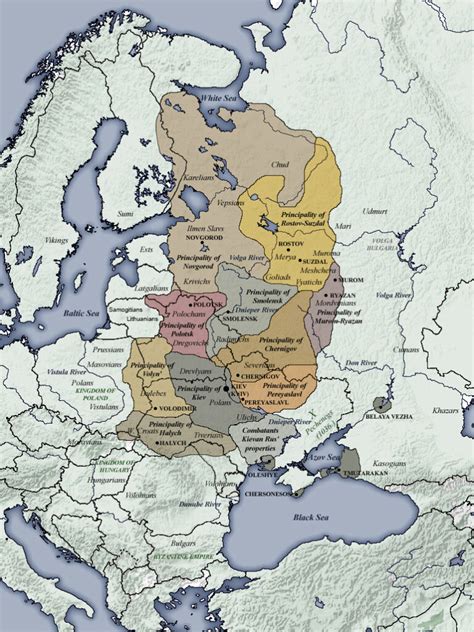mapa Kyjevskej Rusi v 11. storočí zobrazujúca rozšírenie vplyvu od Novgorodu po Kyjev