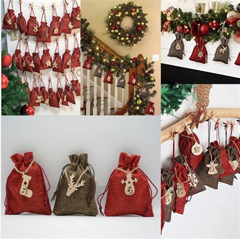 Rôzne typy ručne vyrobených adventných kalendárov: vrecúška na špagáte, kartónový stromček, boxovací kalendár.