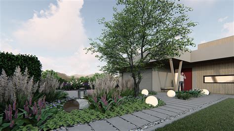 Vizualizácia záhrady s rôznymi druhmi stromov ako dominantami