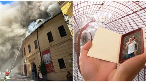 Fotografia poškodenej Banky lásky s provizórnym prestrešením, ukazujúca rozsah požiaru.