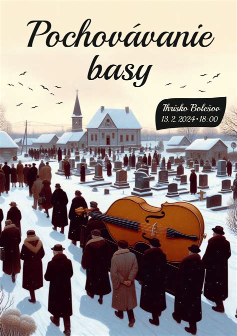 Scéna s postavami v maskách a rakvou symbolizujúcou pochovávanie basy.