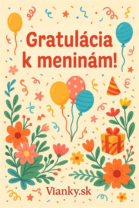 Slávnostná ilustrácia k meninám s gratuláciami a balónmi