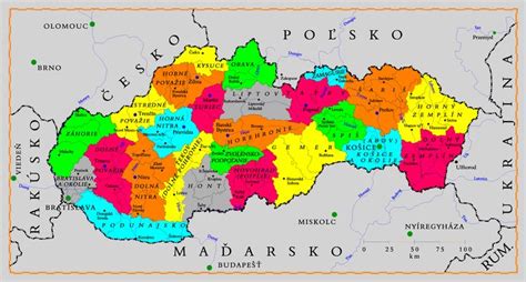 Mapa regiónov Slovenska s vyznačenými hranicami a názvami oblastí (podľa zvoleného člena)