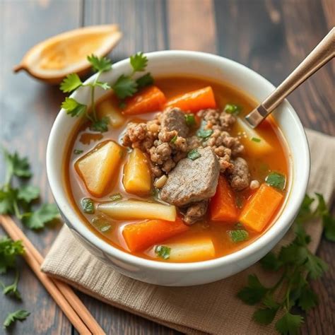 Servírovaná polievka Tteokguk s vajíčkami a mäsom