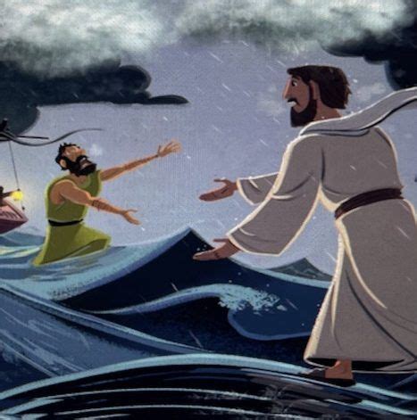 Peter kráča po vode k Ježišovi, dramatická biblická ilustrácia