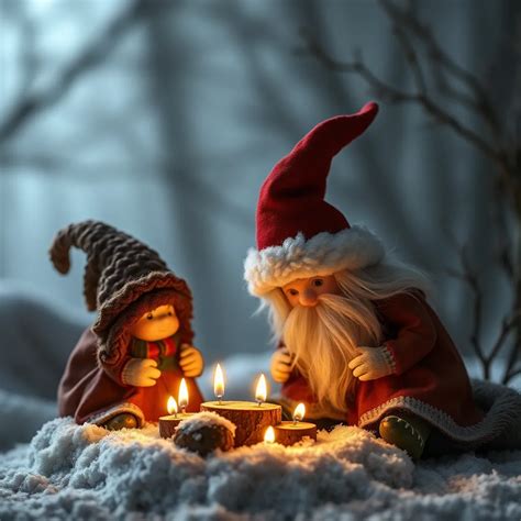 Ilustrácia severského nisse alebo tomte v tradičnom prostredí farmy