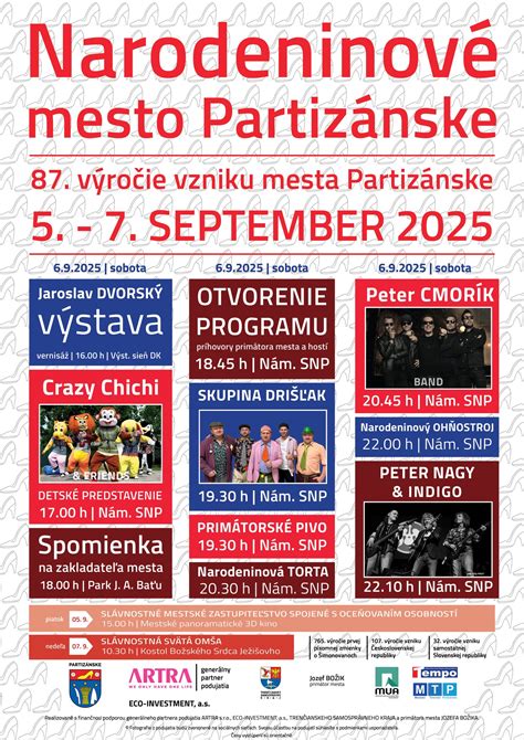 plagát s logom mesta Partizánske a menami účinkujúcich (Peter Nagy, Drišľak, Peter Cmorík band)