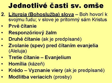 schéma častí svätej omše: bohoslužba slova a bohoslužba obety