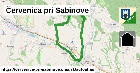 Mapa okolia Červenice pri Sabinove s vyznačenými ubytovacími zariadeniami