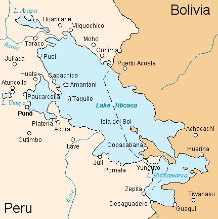 mapa jazera Titicaca s vyznačením hraníc Peru a Bolívie