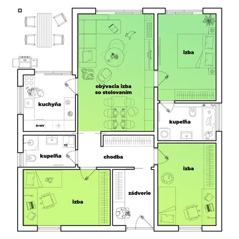 Nákres alebo infografika rozloženia miestností v swingers klube (príklad)