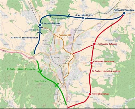Mapa mesta Prešov s vyznačenými hlavnými cestnými a železničnými komunikáciami