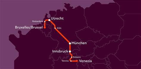 Mapa plánovanej trasy nočného vlaku Brusel - Benátky