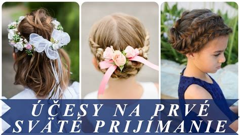 Nízky elegantný drdol pre dievčatko na prvé sväté prijímanie s jemnými ozdobami