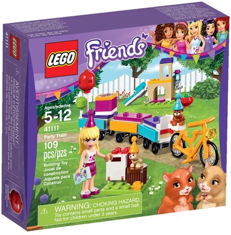 Ilustrácia súpravy LEGO Friends 41111 Vlak na oslavy s minifigúrkami Stephanie, škrečkami a detailmi vlaku.