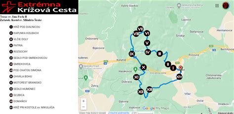 Grafika: Mapa trasy Extrémnej Krížovej cesty s vyznačenými zastaveniami.