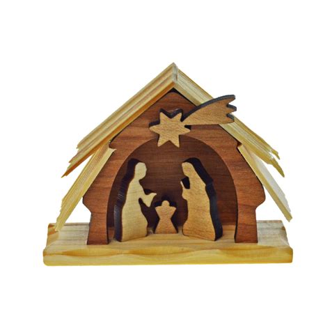 Ručne vyrobený drevený betlehem s maľovanými postavami.