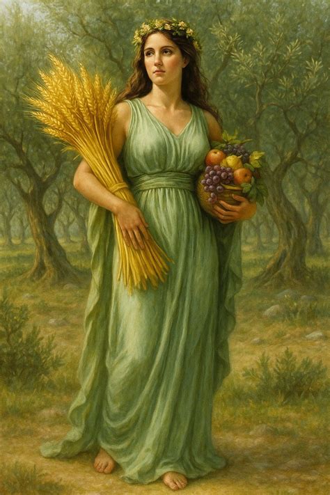 ilustrácia gréckej bohyne Demeter alebo prírody s pučiacou zeleňou